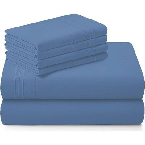 1 Ensemble de draps, Coton égyptien, Armure satin, Poche profonde 53 cm, Taille Reine, Bleu uni (1/5)