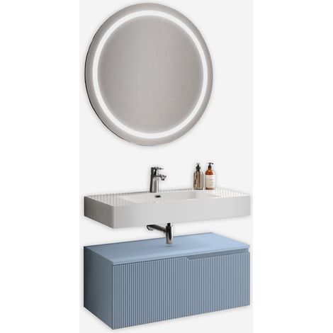 Mobile bagno sospeso con specchio tondo LED e lavabo 3 pezzi Venere - Azzurro (1/5)