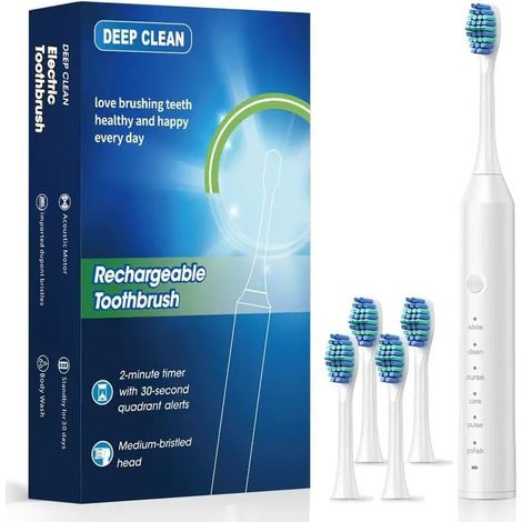 Brosse à dents électrique pour adultes avec 4 têtes de brosse - 6 modes de vibration, chargement USB, minuteur et station de charge-AquaForge (1/2)