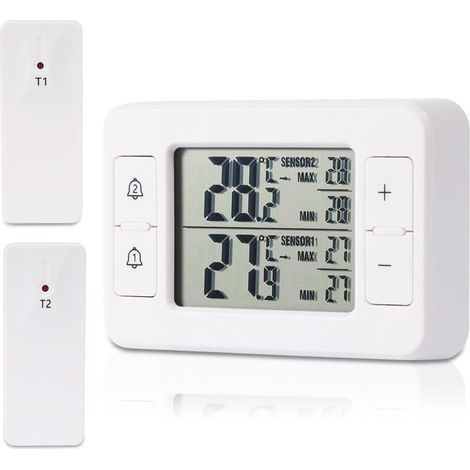 Thermomètre réfrigérateur congélateur avec 2 capteurs sans fil, intérieur / extérieur, alarme de température, température min / max, tendance (1/5)