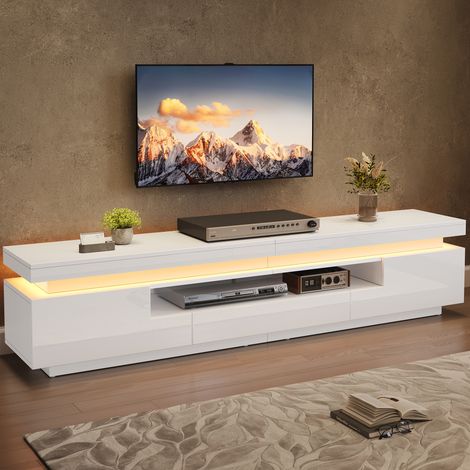 Meuble TV salon 175x38x45 cm 2 caissons L 1 tiroir laqué brillant LED TV 75 pouces