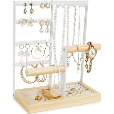 Présentoir à bijoux - Organisateur de boucles d'oreilles - Porte-boucles d'oreilles avec plateau doublé de velours - Boucles d'oreilles, colliers (Blanc) (1/5)