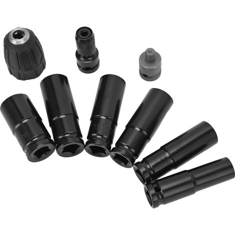 Jeu de 9 douilles à chocs pneumatiques, clé à chocs 1/2", embouts hexagonaux prolongés, tournevis électrique et visseuse à air comprimé. (1/5)