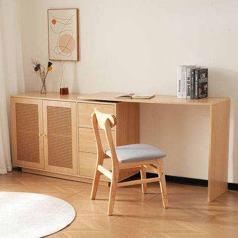Bureau d’angle pivotant 360° avec 3 placards et étagères réglables, en MDF et résine tressée aspect bois clair, table informatique pliable pour bureau ou chambre – CHICFURN (1/5)