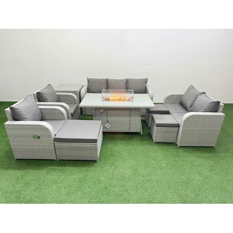 Fimous PE Rattan Garden Furniture Set Reclining Chair Sofa Double Love Seat 2 Seater Sofa Lounge Set Firepit Dining Table 3 Stools Side Table Light Grey (1/4)