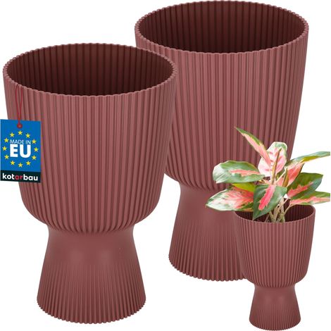 KOTARBAU® Lot de 2 Pot de Fleur  Ø 14 cm - Pot de Fleur Interieur - PVC - Pot de Fleur Exterieur - Pot pour Plante avec Socle - Nervuré - Forme de Coupe - H: 21 cm - Marsala (1/4)
