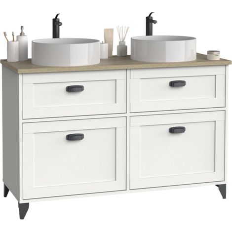 Meuble de salle de bain double Toscana avec 2 tiroirs et 2 portes, sans lavabo, 120 cm, blanc et chêne cambrien