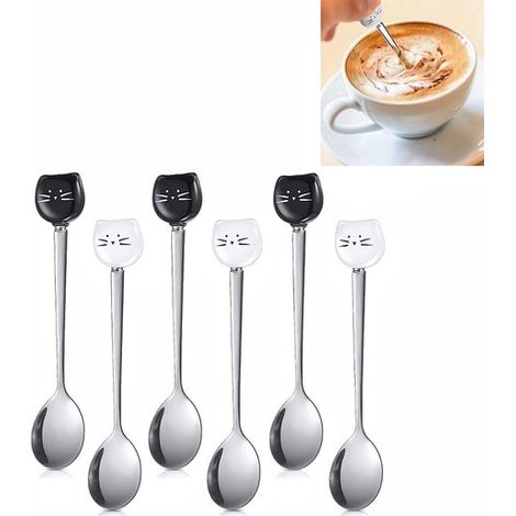 cucharas de café creativas con forma de gato, Cucharilla de acero inoxidable, Agitador de miel, 16026 mm, Blanco y negro (1/5)