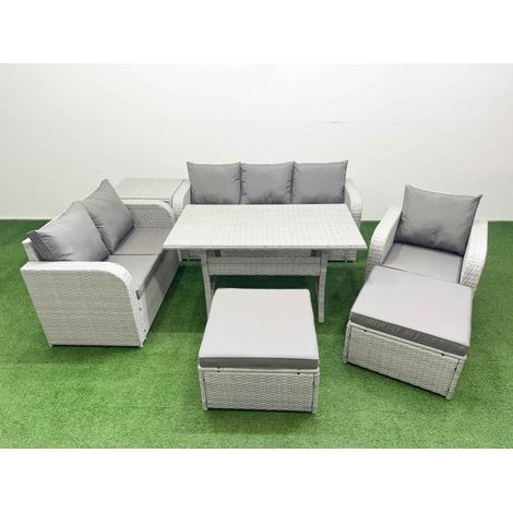 Fimous Patio PE Wicker 8 Seater Outdoor Rattan Furniture Sofa Sets with Rectangular Dining Table Reclining Chair Loveseat Sofa 3 Seater Sofa 2 Big Footstools Side Table Light Grey (1/4)