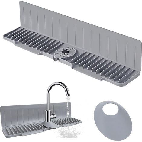 Tapis Robinet Cuisine, Tapis Égouttoir en Silicone, Protection Anti-Éclaboussures Évier avec Bord Relevé et Drainage Incliné, Plateau Anti-Gouttes Robinet pour Cuisine Salle de Bain, Gris (1/5)