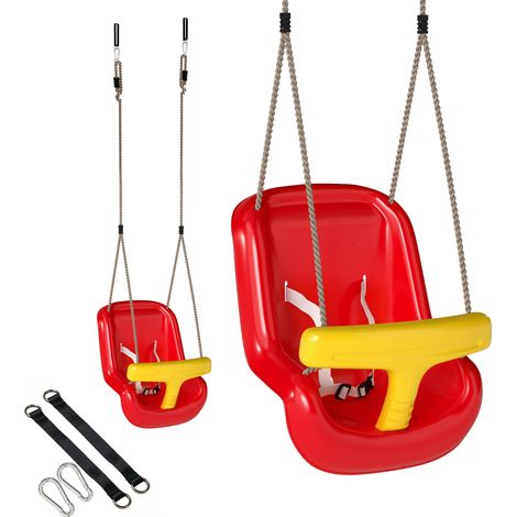 Altalena per Bambini 9-36 Mesi Regolabile 28x36x180 cm con Corde e Moschettoni in PE Rossa e Gialla (1/5)