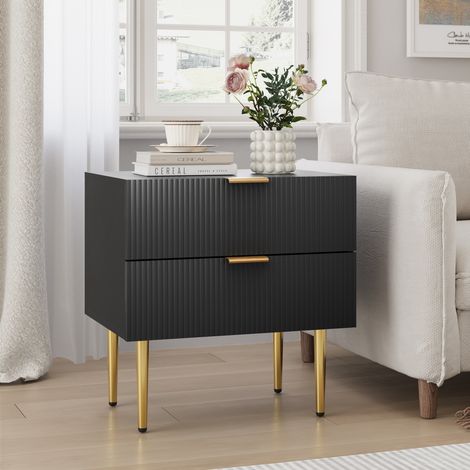 Table de chevet 53x41,5x52,5 cm en MDF et métal noir, 2 tiroirs, moderne pour chambre FloraGrace (1/5)