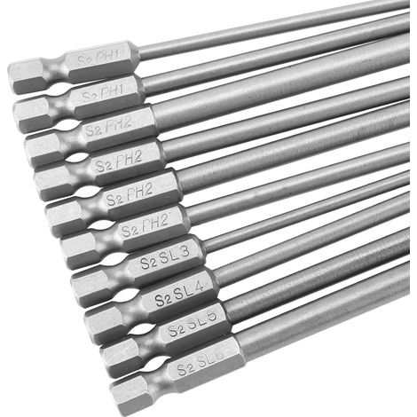 Jeu de 10 embouts de tournevis cruciformes en acier S2 PH1 PH2 à fente, tige hexagonale 1/4 pouce, 100 mm (1/5)
