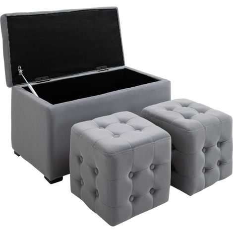 Set 3 pièces avec rangement, 2 tabourets de siège + banquette rembourrée + repose-pieds, boîte de rangement, repose-pieds, charge max 130kg, microfibre/mousse, 75x40x42 cm, gris clair