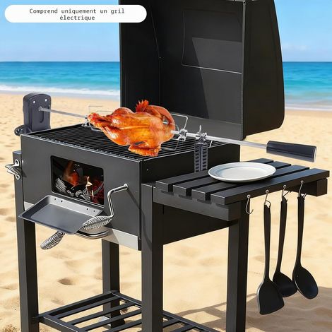 4W Broche tournante, kit d'accessoires de barbecue électrique en acier inoxydable, brochette de barbecue avec moteur pour rôtissoire et barbecue au charbon de bois (1/5)