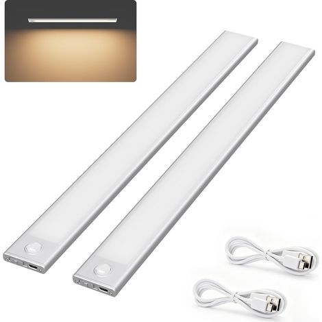 2 x 40 cm Wireless Cabinet Light, Kitchen Under Cabinet Light with Motion Detector, 3 Modes, USB Rechargeable Magnetic LED Strip Light, 2200 mAh, 73 LEDs, Warm White 3000 K, Silver (1/5)