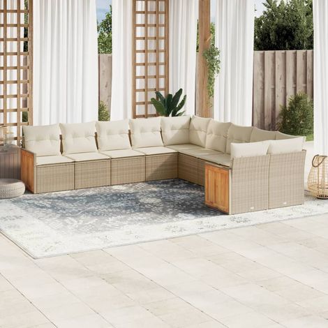 Salon de Jardin 10 Places en Résine Tressée Beige avec Coussins - Ensemble Modulaire Canapé et Fauteuils d'Extérieur (1/4)