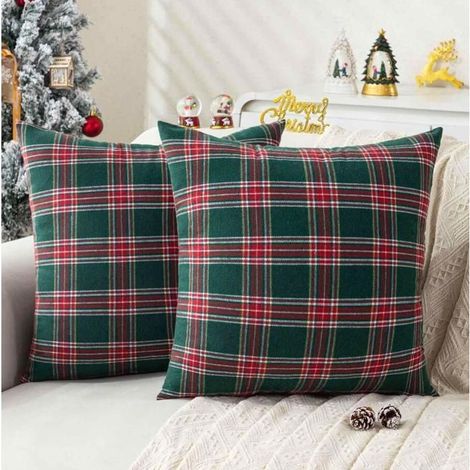 2pcs Housse de Coussin Noël 45x45cm Tartan Ecossaise Taies d'oreiller à Carreaux Housse Coussin Noel Canapé Décoration,Rouge Vert (1/4)