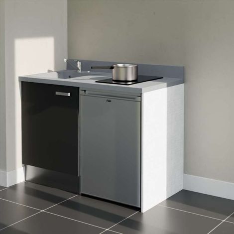 Kitchenette K08L - 120 cm avec plan monobloc et emplacement frigo top-Noir-Cromo-évier à gauche