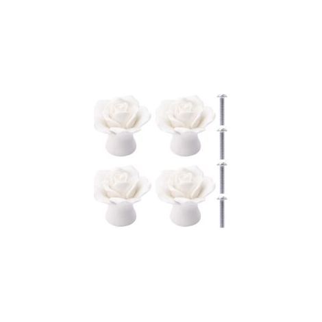 4 Pezzi Maniglie in Ceramica, Pomelli per Cassetti a Forma di Fiore Rosa, Maniglie in Porcellana Rosa per Mobili, Cassetti, Armadi e Ante (Bianco) (1/5)