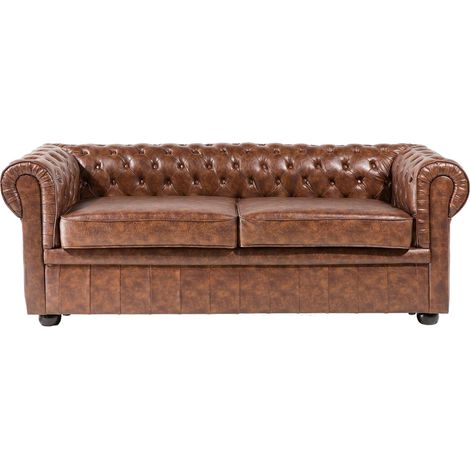 Sofá chesterfield 3 plazas sofá en patas negras piel sintética marrón dorado Chesterfield (1/5)
