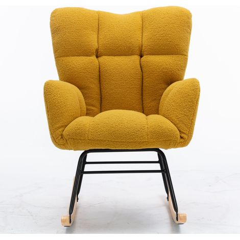 ELVMI Poltrona a Dondolo con Schienale Alto Ergonomico e Braccioli Imbottiti, in Tessuto Teddy Giallo (1/5)