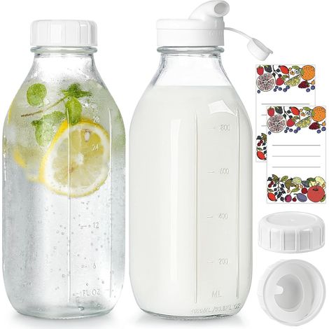 Bouteille En Verre Pour Lait - 1 L - Couvercle Étanche À Vis - Avec Graduations ML/FL OZ - Forme Carrée - 2 Pièces (1/5)