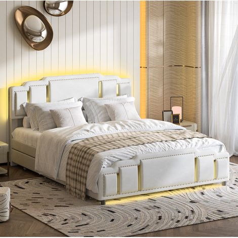 Cama doble tapizada con cajones LED beige OKMYHOME (1/5)