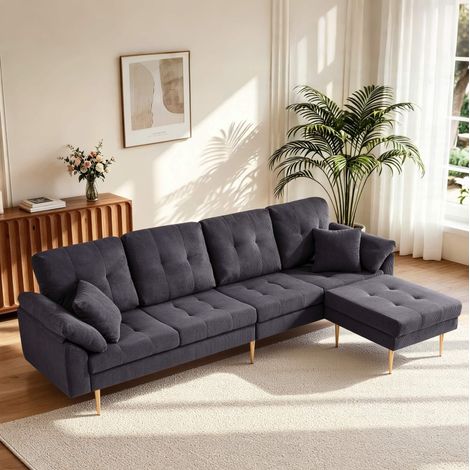 Sofá modular de 4 plazas 250 cm en pana gris oscuro con puf móvil - CHICFURN (1/5)