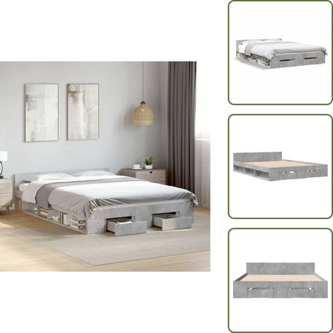 Cadre de lit avec tiroirs sans matelas gris béton 160x200 cm - Cadre De Lit - Lit Double - Lit Avec Tiroirs - Meuble De Chambre - Rangement Sous Lit