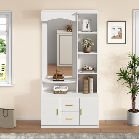 Meuble d'entrée blanc 90x40x180 cm avec miroir, 2 tiroirs et 2 placards (1/5)