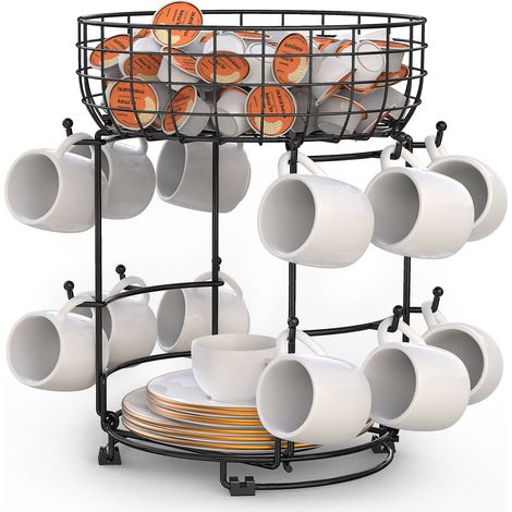 Soporte vertical de metal para tazas, ideal para guardar tazas de café y vasos, organizador de utensilios de cocina, 12 ganchos, color negro.