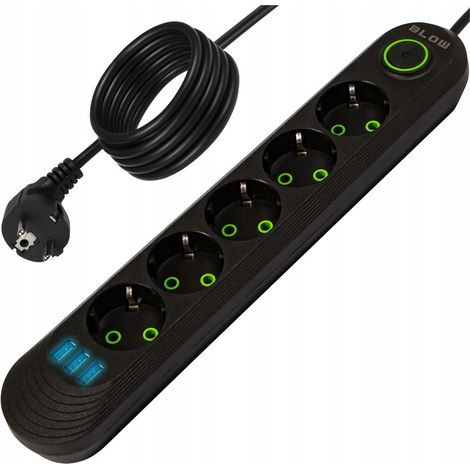Prolunga, ciabatta, interruttore, 3 porte USB, 5 prese, messa a terra da 5 m, nero (1/5)