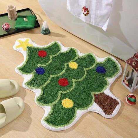BelleRise - Tapis de bain Père Noël rouge absorbant, lavable, antidérapant, doux, épais, résistant, sapin vert, 40 x 60 cm (1/5)