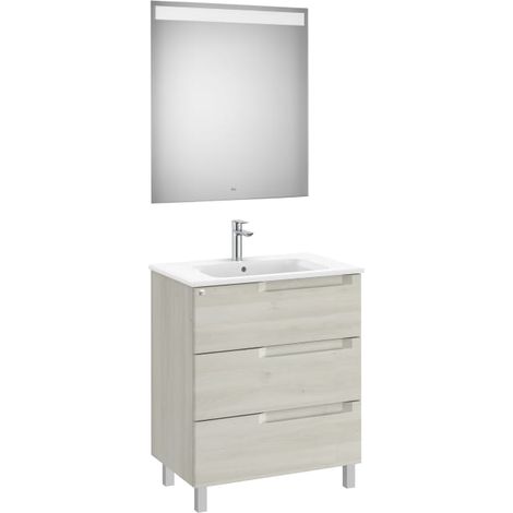 MUEBLE LAVABO 700MM ALEYDA CON PATAS 3 CAJONES + ESPEJO BLANCO MADERA