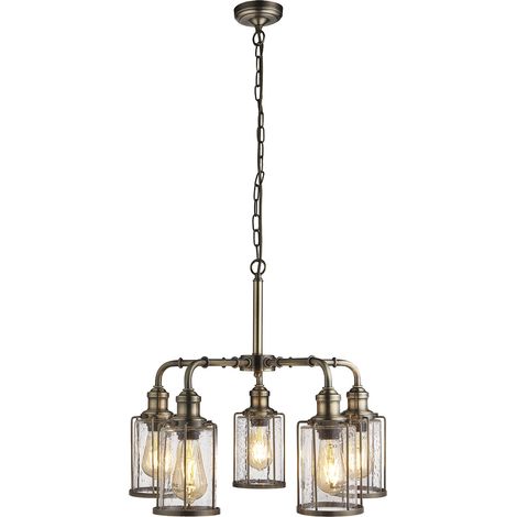 Searchlight Pipes - Lampadario a 5 luci in ottone antico, paralume in vetro, attacco E27 (1/4)