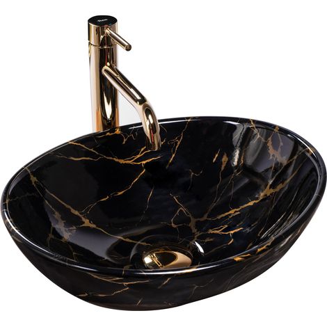 REA – Vasque à poser céramique sanitaire noire 410x345x150mm – Lavabo moderne pour salle de bain – Montage à poser