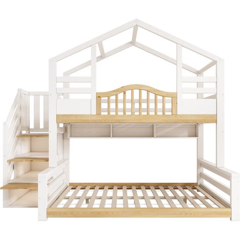 Letto a castello a casetta per bambini 90x200/140x200 con scala contenitore bianco e legno (1/5)