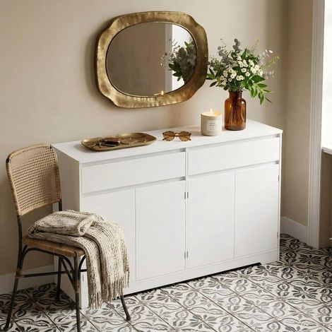 Credenza de Cucina in Legno Bealife Mobile Contenitore con 2 Cassetti 2 Tipiani Regolabili e 4 Ante Adatta a Sala da Pranzo Corridoio Bianco 140 x 89 x 40 cm