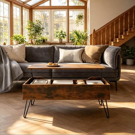 Couchtisch höhenverstellbar aus Holzwerkstoff und Metall in Rustikalbraun 95 cm mit Stauraum (1/5)
