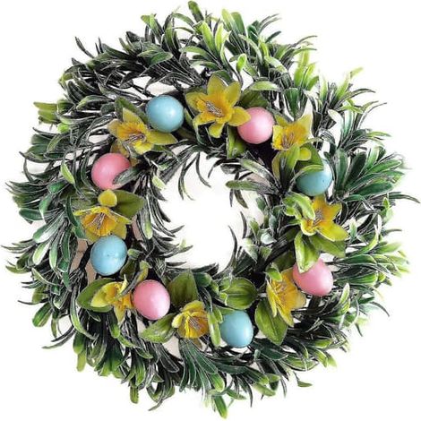 BelleRise - Couronne de Pâques décorative composée de fleurs et de feuilles vertes, pour porte d'entrée, mur ou fenêtre, 30 cm (1/5)