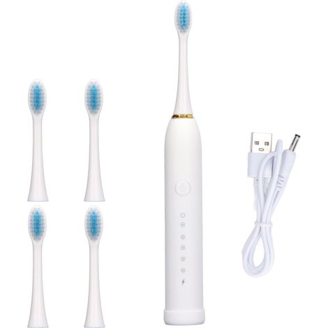 Brosse à dents électrique étanche IPX7, 6 modes, rechargeable et automatique, avec 4 têtes de brosse blanches-AquaForge