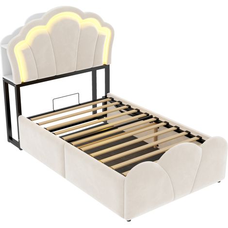 Cama tapizada 90 x 200 cm beige con almacenaje hidráulico, LED y enchufes MODENUIT (1/5)