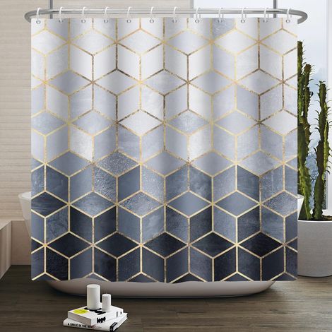 Rideau de douche hexagonal en marbre noir et bleu – Rideau de douche géométrique en nid d'abeille avec bordure dorée – Imperméable – Rideaux d'art moderne abstrait pour salle de bain – 150x 180 cm (1/5)