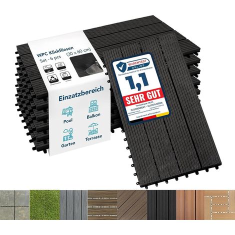 Floordirekt – Dalles de terrasse WPC 60 x 30 cm – Lot de 6 – Couleur anthracite – Résistantes aux intempéries et aux moisissures – Système de clic