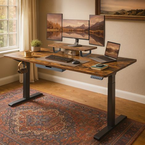 Bureau Électrique Réglable en Hauteur, 160 x 80 cm, Support d’Écran, Tiroir, Port USB-C, Marron (1/5)