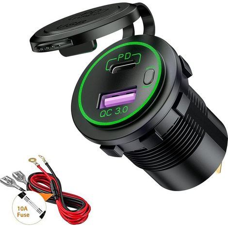 Prise de Chargeur de Voiture USB/QC3.0 et PD/Type-C avec LED et Interrupteur étanche pour 12V/24V Voitures Bateaux Moto (Green) (1/5)