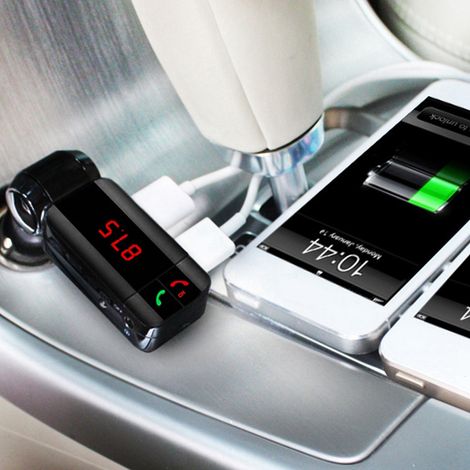Kit mains libres Bluetooth voiture, transmetteur FM sans fil, lecteur MP3 audio auto, chargeur USB 2 ports, écran LED, compatible smartphones. (1/5)