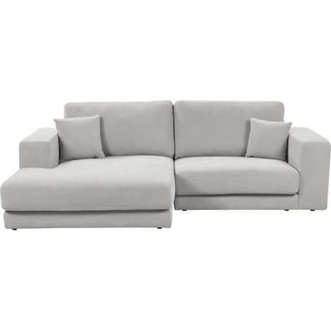 Sofá esquinero estilo minimalista tapizado en tela con cojines adicionales 3 plazas a la derecha en color gris claro Lofoten
