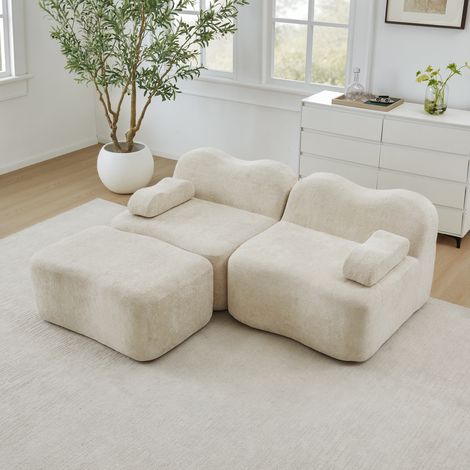 Divano angolare modulare 2 posti con 1 pouf, senza montaggio, velluto beige HAVRYA (1/5)